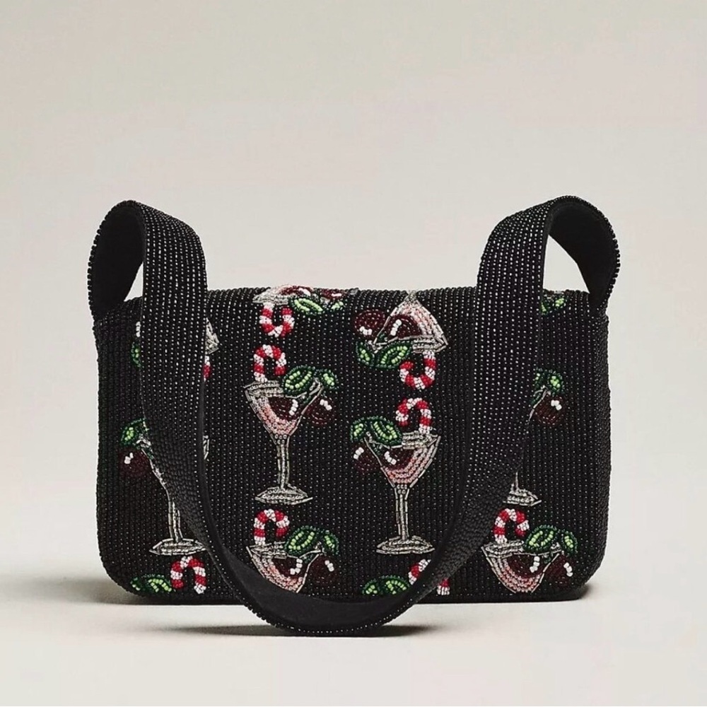 Anthropologie Fiona food & drink edition: Black Cocktail Motif Shoulder Bag NWOT - Picture 3 of 10